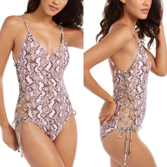 NWT Rachel by Rachel Roy Pink Python Printed Side Laced One-Piece Swimsuit XL - Picture 1 of 12